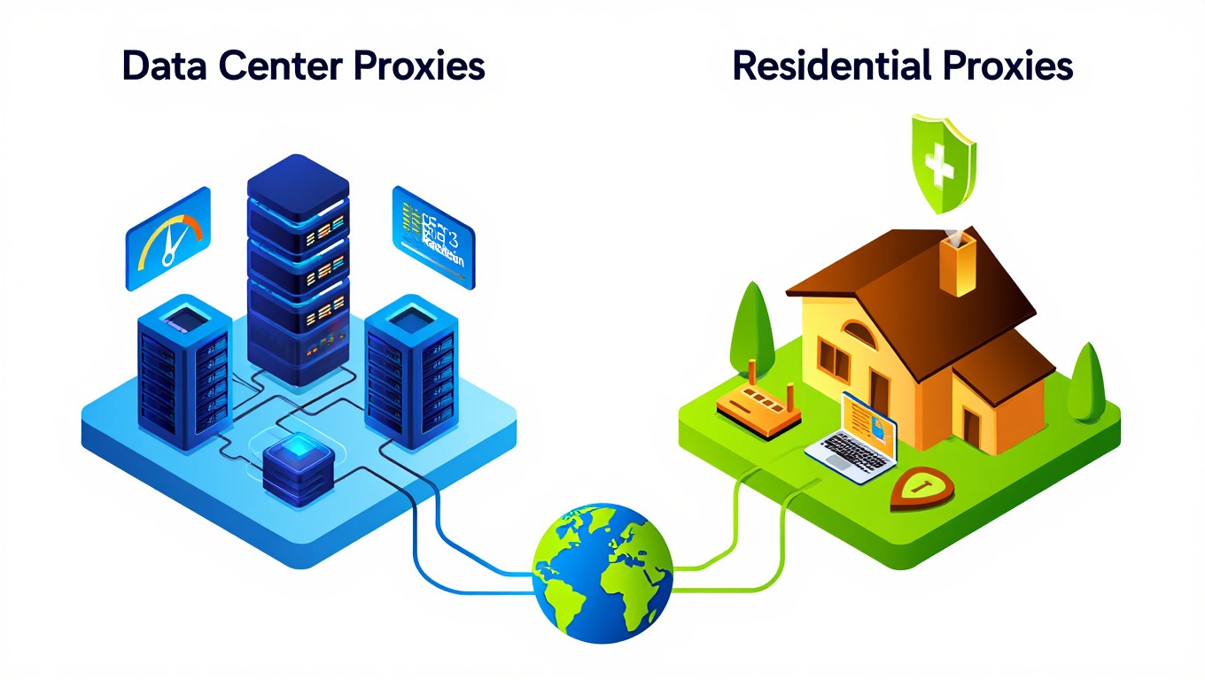 Data Center Proxies vs Residential Proxies: Definition, Use Cases, and Best Providers in 2026 2 DC vs Residential Proxies Isometric - Softwarecosmos.com