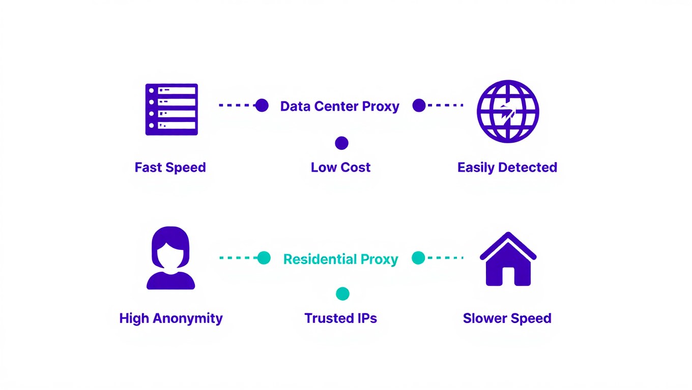 Data Center Proxies vs Residential Proxies: Definition, Use Cases, and Best Providers in 2026 3 DC vs Residential Proxies Network Diagram - Softwarecosmos.com