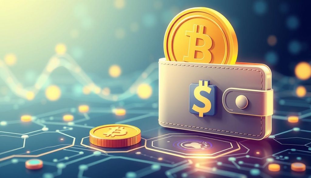 A digital landscape showcasing the intersection of cryptocurrency and digital wallets. In the foreground, a sleek, metallic cryptocurrency coin hovers above an open palm, its surface reflecting the surrounding environment. In the middle ground, several different digital wallets, each with a unique design and interface, are displayed side by side, highlighting the variety of options available to securely store digital assets. The background features a stylized network of blockchain-inspired geometric shapes, with lines of code and data visualizations adding a technical depth to the scene. The lighting is soft and directional, creating depth and emphasizing the technological sophistication of the subject matter. The overall tone is one of sophistication, security, and the seamless integration of digital finance and personal control.