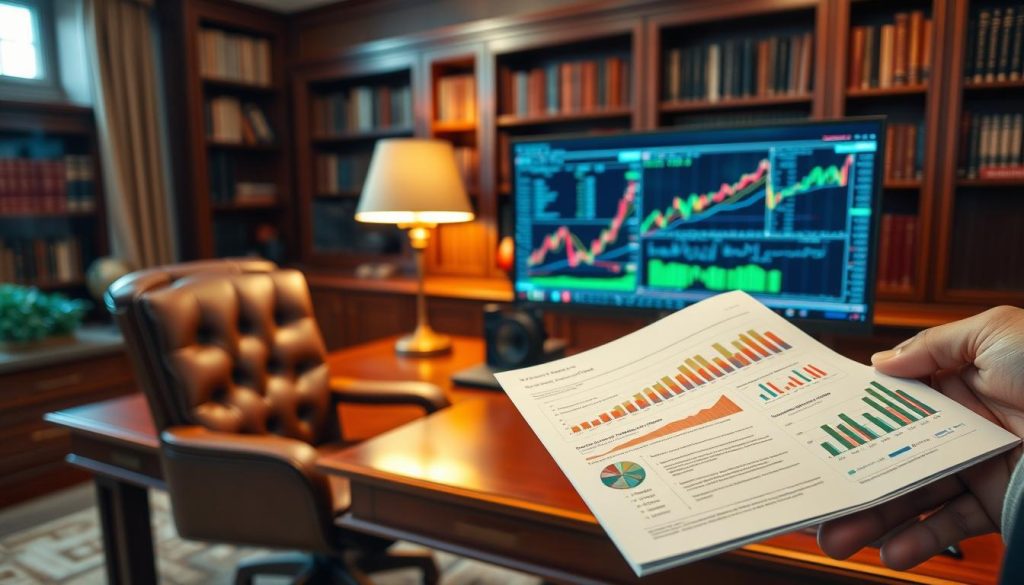 A dimly lit office scene with a mahogany desk and leather chair, illuminated by a warm table lamp. In the foreground, a hand holding a financial report, with graphs and charts displaying steady investment growth. In the middle ground, a computer monitor showcases a stock trading platform, the screen filled with fluctuating line graphs and charts. The background features tall bookshelves filled with financial tomes, creating a refined, authoritative atmosphere. The overall mood is one of thoughtful contemplation and measured success, conveying the stability and prudence of Invest1Now.com's investment strategies. A dimly lit office scene with a mahogany desk and leather chair, illuminated by a warm table lamp. In the foreground, a hand holding a financial report, with graphs and charts displaying steady investment growth. In the middle ground, a computer monitor showcases a stock trading platform, the screen filled with fluctuating line graphs and charts. The background features tall bookshelves filled with financial tomes, creating a refined, authoritative atmosphere. The overall mood is one of thoughtful contemplation and measured success, conveying the stability and prudence of Invest1Now.com's investment strategies.