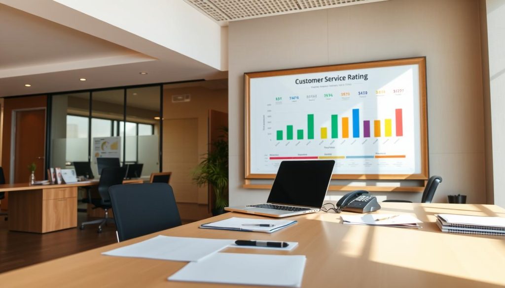 A modern office interior, with a large, well-lit desk in the foreground. On the desk, there are various documents, a laptop, and a telephone. The background features a wall with a framed customer service rating chart, showcasing a visual representation of customer satisfaction levels. The chart uses a combination of bar graphs, line charts, and color-coded metrics to convey the overall performance. The lighting is warm and natural, creating a professional and inviting atmosphere. The camera angle is slightly elevated, providing a clear and comprehensive view of the desk and the customer service rating display. A modern office interior, with a large, well-lit desk in the foreground. On the desk, there are various documents, a laptop, and a telephone. The background features a wall with a framed customer service rating chart, showcasing a visual representation of customer satisfaction levels. The chart uses a combination of bar graphs, line charts, and color-coded metrics to convey the overall performance. The lighting is warm and natural, creating a professional and inviting atmosphere. The camera angle is slightly elevated, providing a clear and comprehensive view of the desk and the customer service rating display.