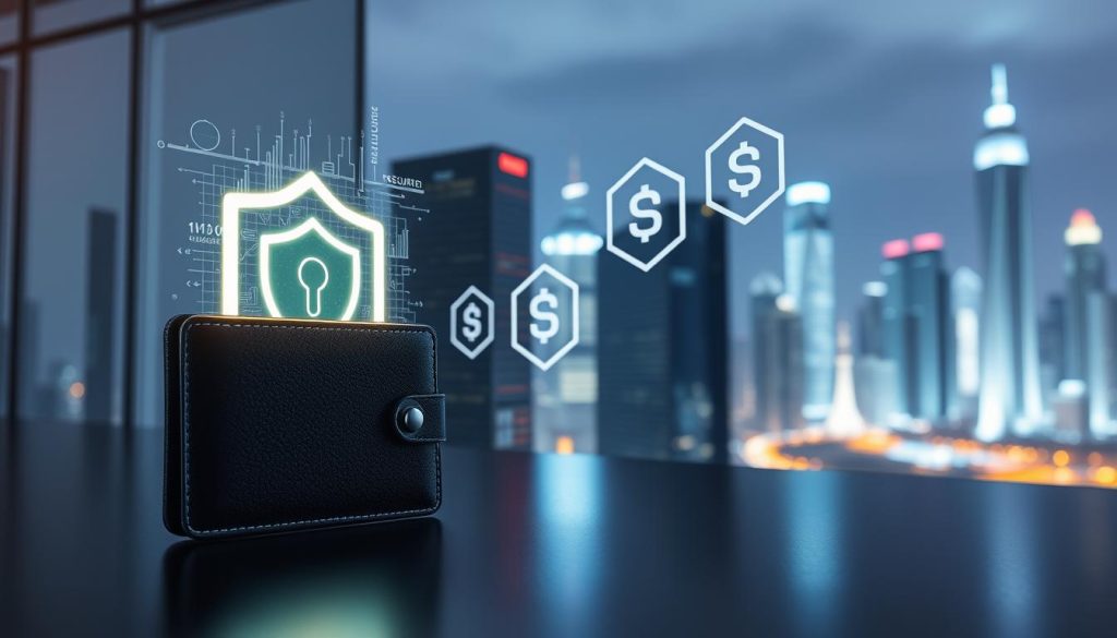 A modern, sleek digital security scene. In the foreground, a secure cryptocurrency wallet glows with a holographic interface, projecting data streams of financial transactions. In the middle ground, a series of hexagonal blockchain icons float in a dynamic, interconnected pattern, symbolizing the secure cryptographic protocols. The background depicts a futuristic cityscape, with towering skyscrapers and a vibrant neon skyline, hinting at the global, decentralized nature of the crypto ecosystem. Soft, diffused lighting creates a sense of depth and sophistication, while the overall composition conveys a balance of technology, security, and innovation.