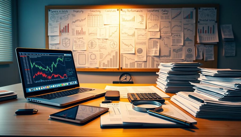 A well-lit desk with a variety of financial analysis tools, including a laptop displaying stock data, a tablet with a charting app, a magnifying glass, a calculator, and stacks of financial reports. The lighting is warm and focused, creating a professional and productive atmosphere. In the background, a large bulletin board with handwritten notes, charts, and indicators, reflecting the depth of research and analysis being conducted. The overall scene conveys a sense of expertise, diligence, and a commitment to making informed investment decisions.