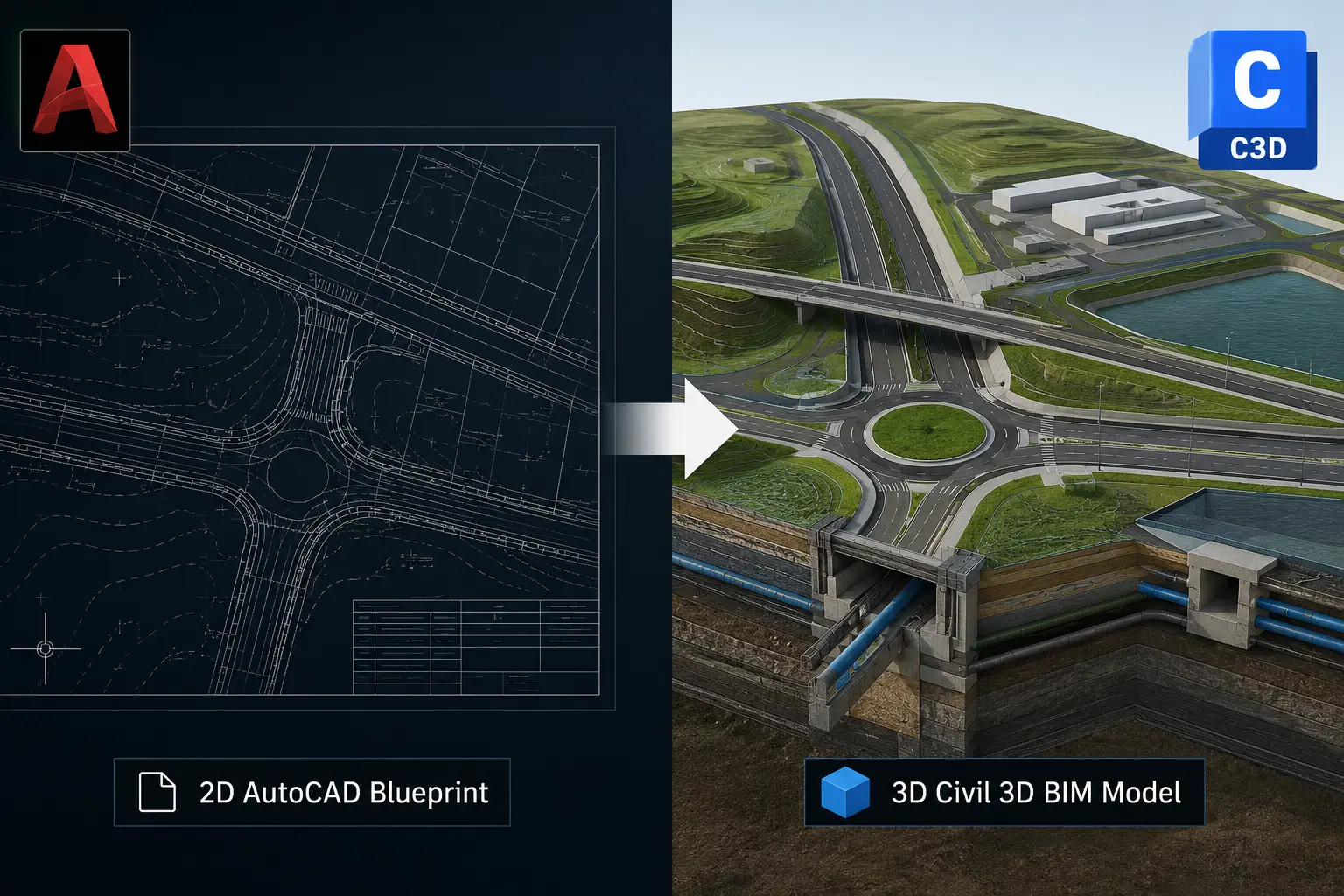 Civil 3D Software: Your Complete Guide to Modern Engineering Design 3 A symbolic image comparing a 2D AutoCAD blueprint to a 3D Civil 3D BIM model - Softwarecosmos.com