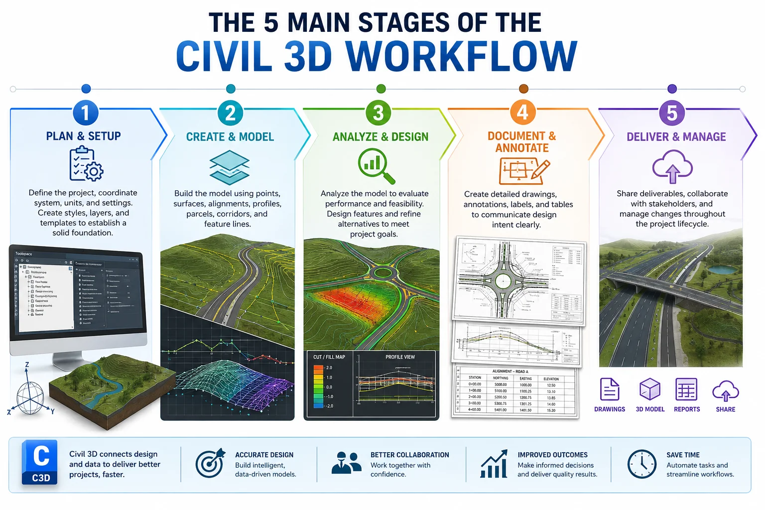Civil 3D Software: Your Complete Guide to Modern Engineering Design 4 An infographic showing the five main stages of the Civil 3D workflow.